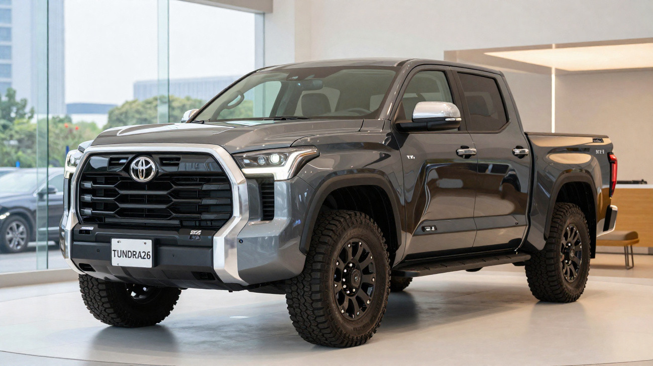 Picape Toyota Tundra cinza estacionada em showroom moderno com paredes de vidro.
