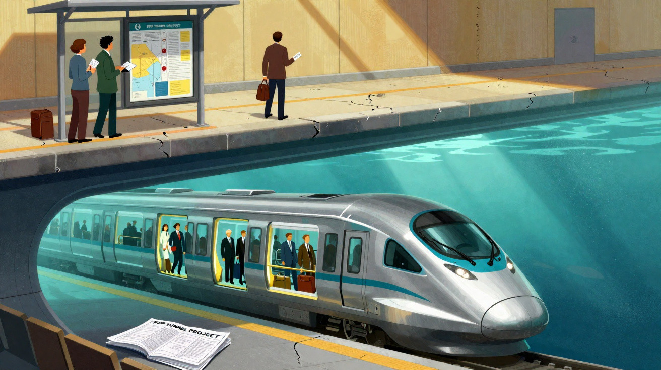 Trem moderno viajando por túnel subaquático enquanto pessoas esperam na plataforma acima d'água.