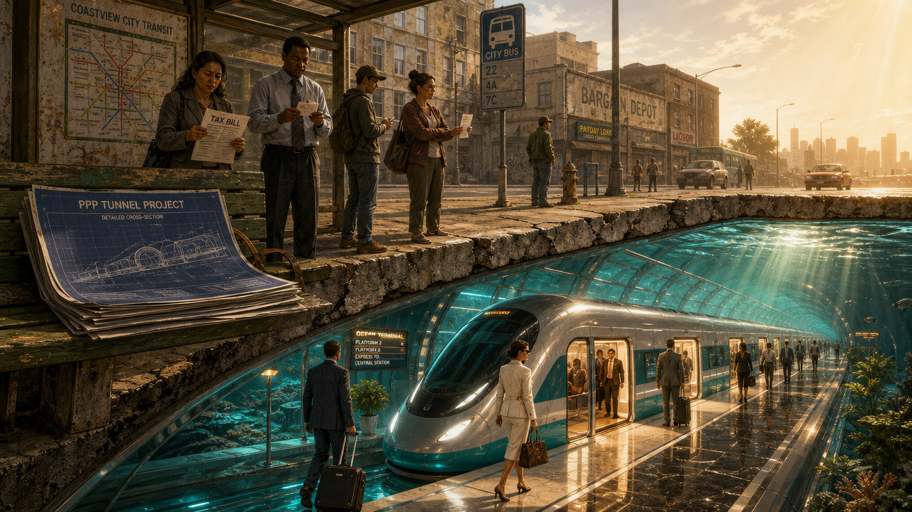 Estação de trem futurista subaquática com passageiros esperando e um trem moderno entrando no cais iluminado.