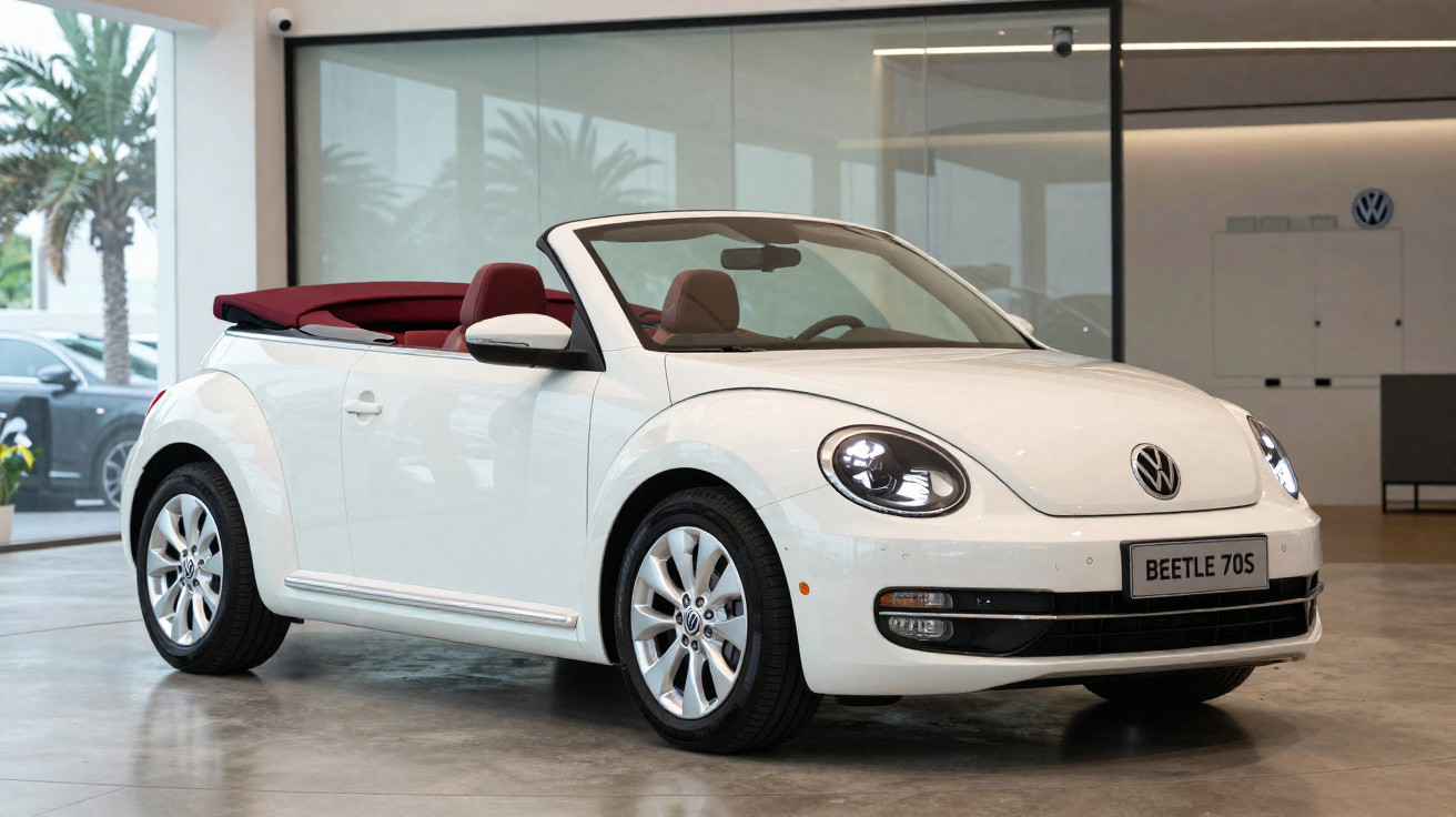 Carro conversível branco Volkswagen Beetle 70s em showroom com interior vermelho e faróis acesos.