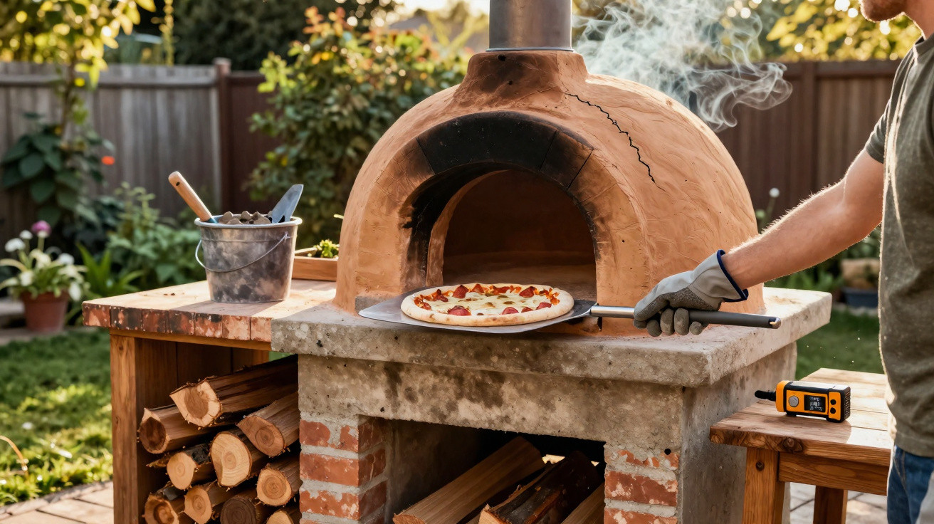 Pessoa retirando pizza assada em forno a lenha ao ar livre em jardim ensolarado.