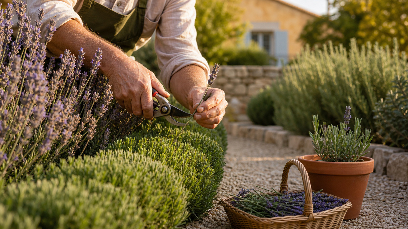 Pessoa colhendo flores de lavanda em jardim ensolarado com cesta e vaso ao lado.
