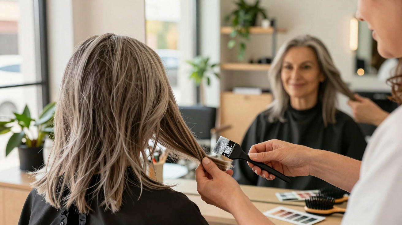 Mulher com cabelo médio loiro recebendo coloração no salão de beleza, refletida no espelho.
