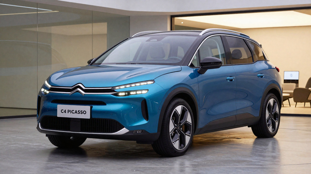 Carro azul Citroën C4 Picasso estacionado em ambiente moderno e iluminado.