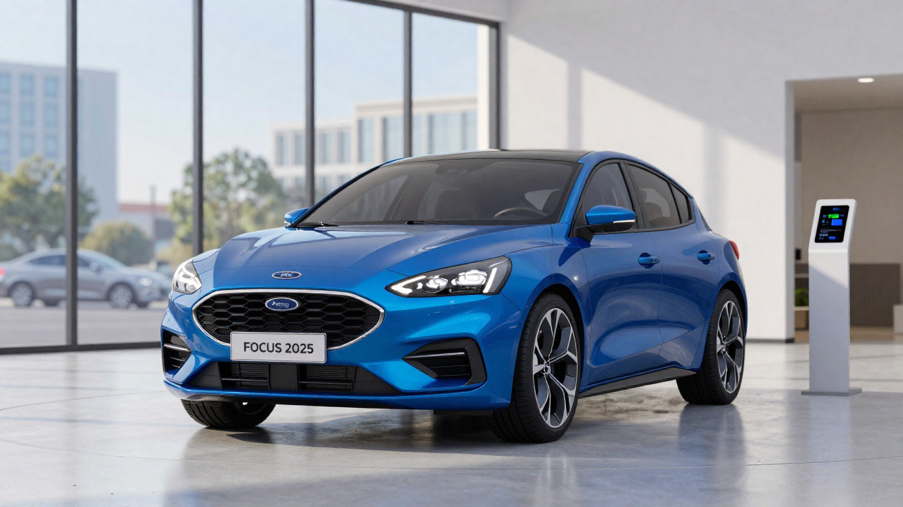 Carro azul Ford Focus 2025 estacionado em ambiente moderno com carregador elétrico ao lado.