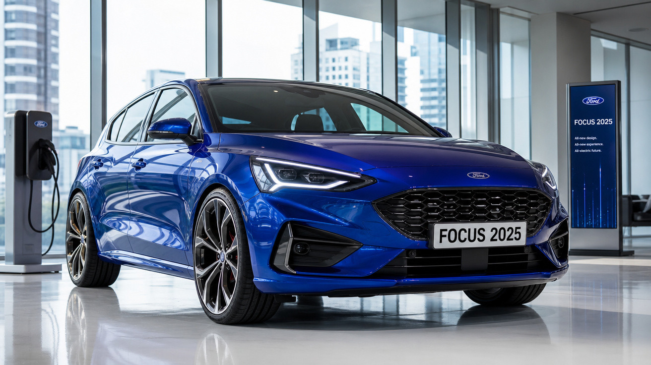 Carro azul Ford Focus 2025 elétrico em showroom moderno com painel de recarga ao fundo.