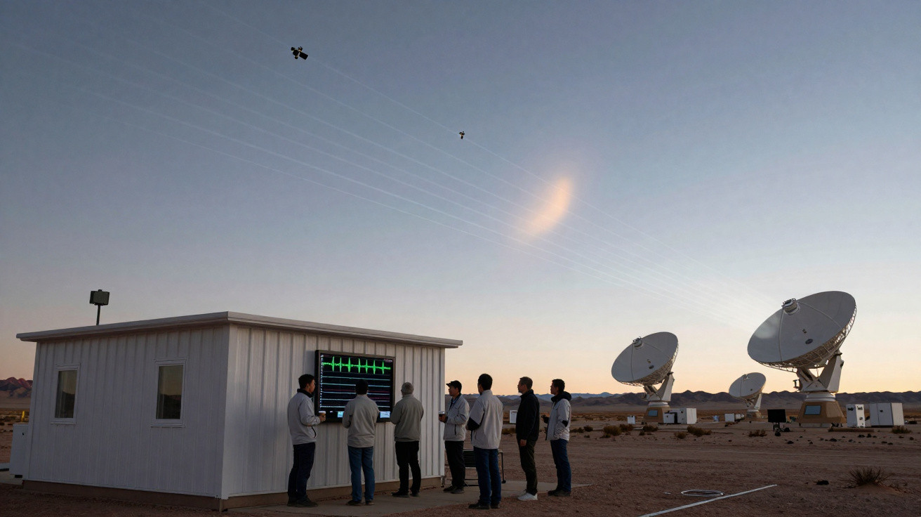 Equipe observa equipamentos em estação com antenas parabólicas em área desértica ao entardecer.