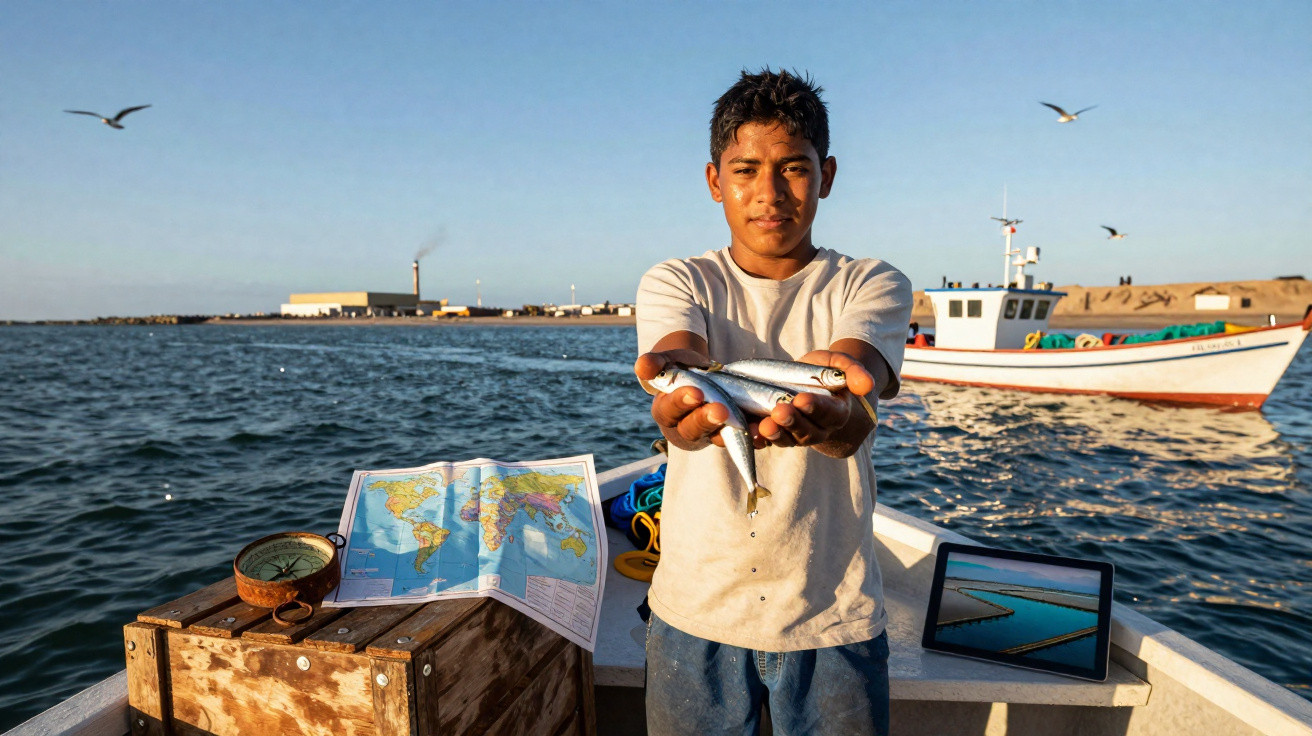 Jovem pescador em barco mostrando peixes pequenos, com mapa, bússola e tablet ao redor no mar.