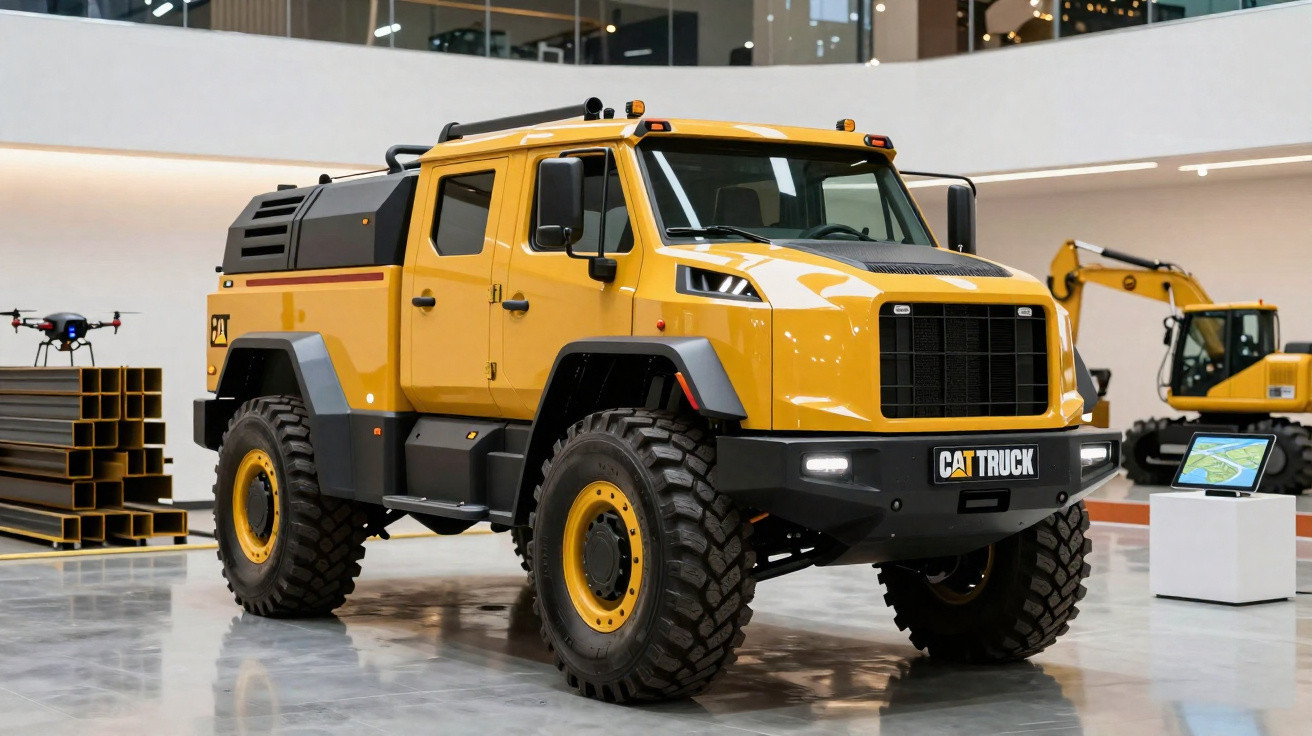 Caminhão robusto amarelo CAT Truck exposto em ambiente interno com outros equipamentos industriais ao fundo.