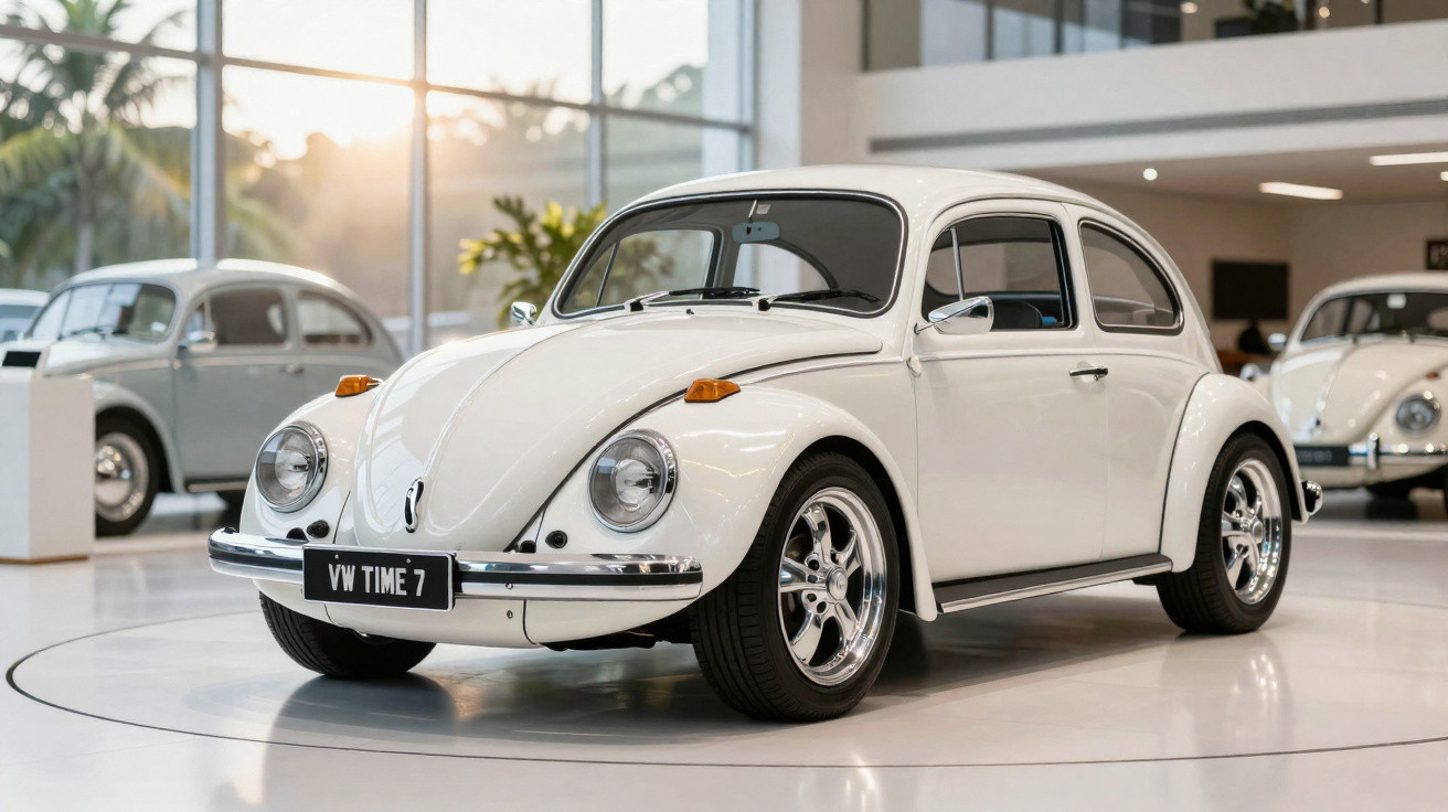 Carro Volkswagen Fusca branco em exposição interna com placas personalizadas VW TIME 7.