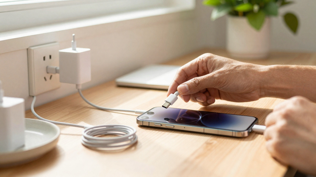 Mão conectando cabo USB-C para carregar smartphone em mesa de madeira próximo a janela.