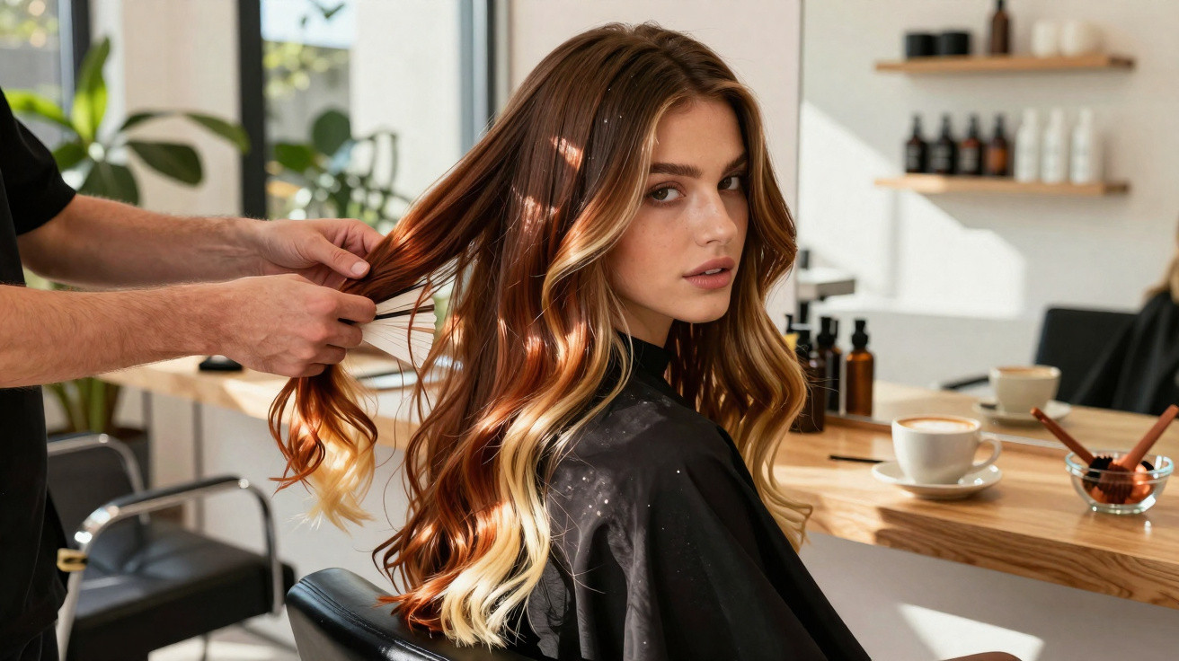 Jovem mulher com cabelos ondulados e mechas loiras em salão de beleza, sendo atendida por cabeleireiro.