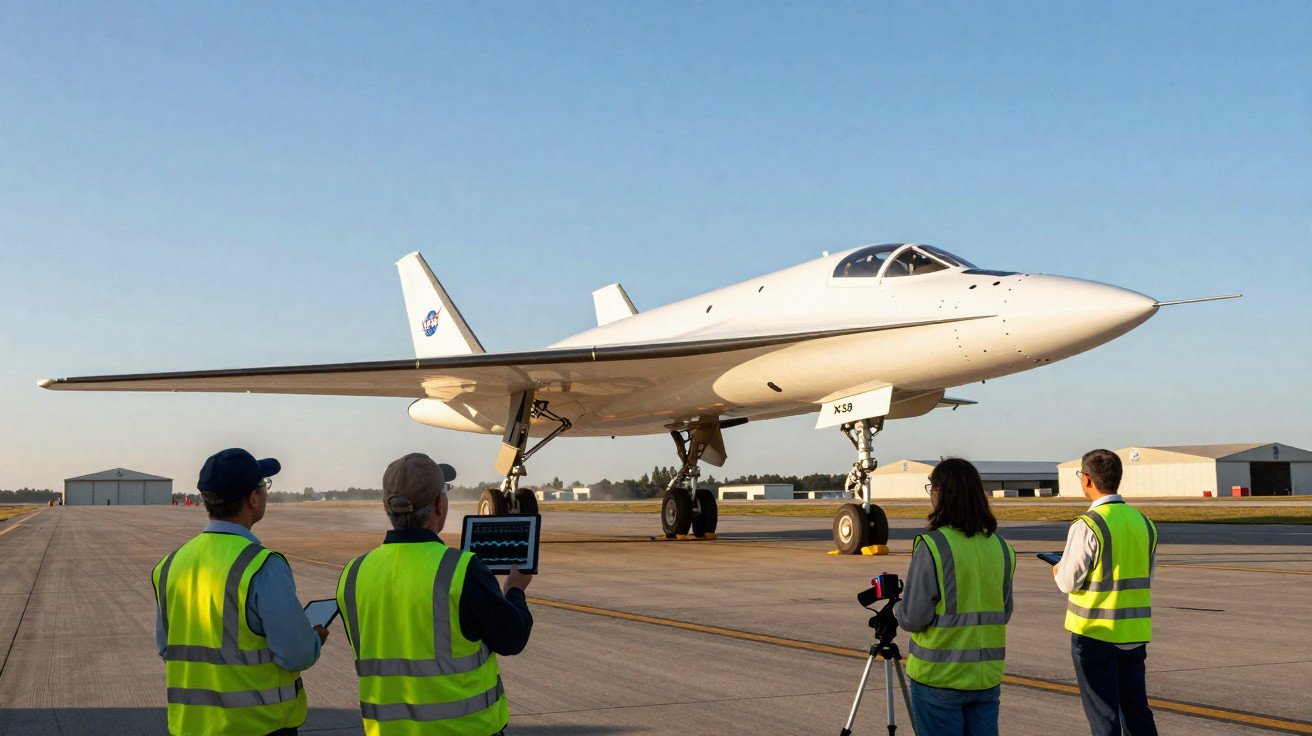 Quatro pessoas com coletes refletores observam e monitoram protótipo de aeronave da NASA na pista de decolagem.