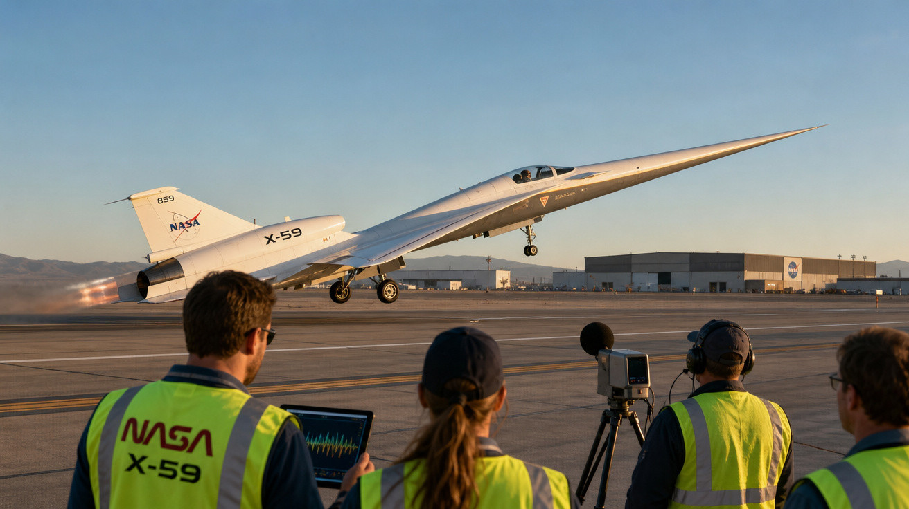 Avião experimental X-59 da NASA decolando com equipe observando e equipamentos em pista ao entardecer.