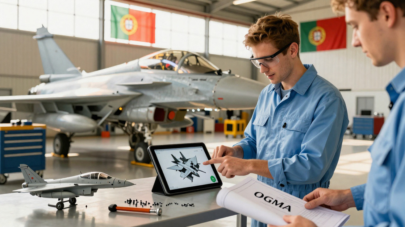 Dois engenheiros analisam projeto de avião militar em tablet e documentos dentro de hangar com caça ao fundo.