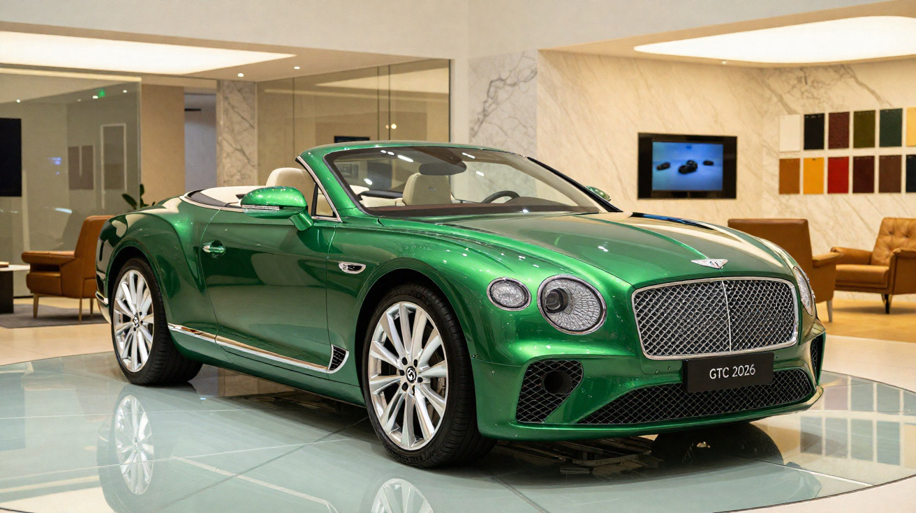 Carro conversível verde metálico Bentley GTC 2026 exibido em showroom moderno e elegante.