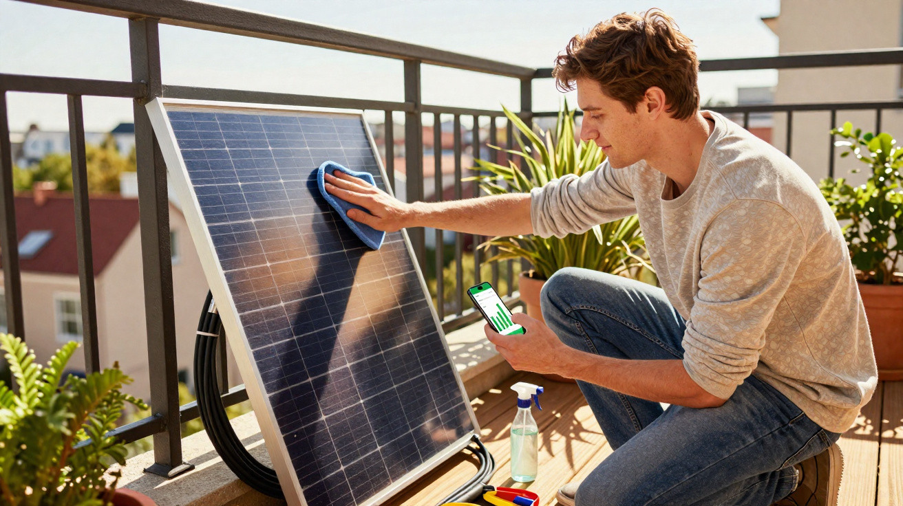 Homem limpando painel solar em sacada com celular na mão e ferramenta ao lado, plantas ao redor.
