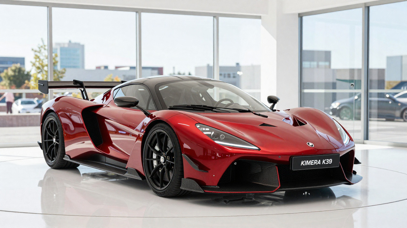 Carro esportivo vermelho Kimera K39 estacionado em showroom com iluminação natural e piso branco.