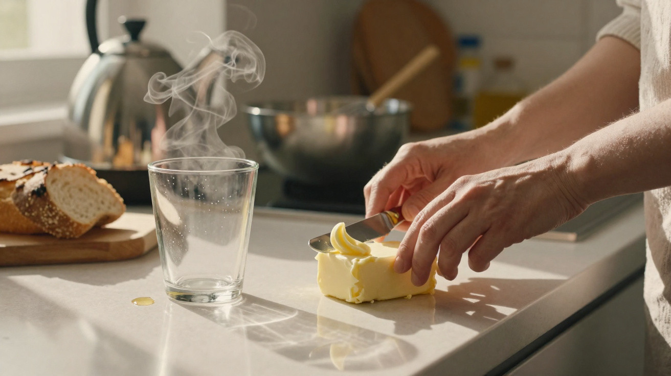 Mãos passando manteiga em faca sobre bancada com copo fumegante, pão e chaleira ao fundo na cozinha.