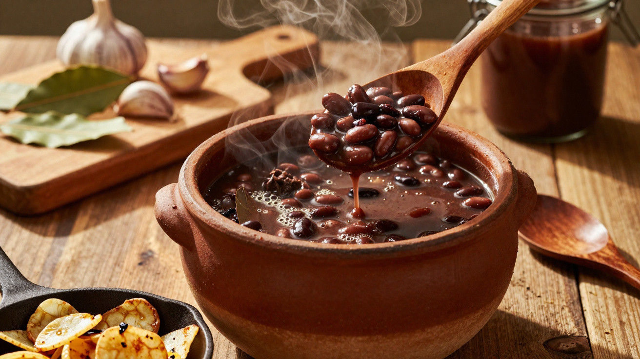 Caldo fumegante de feijão preto sendo servido em panela de barro com ingredientes ao fundo.