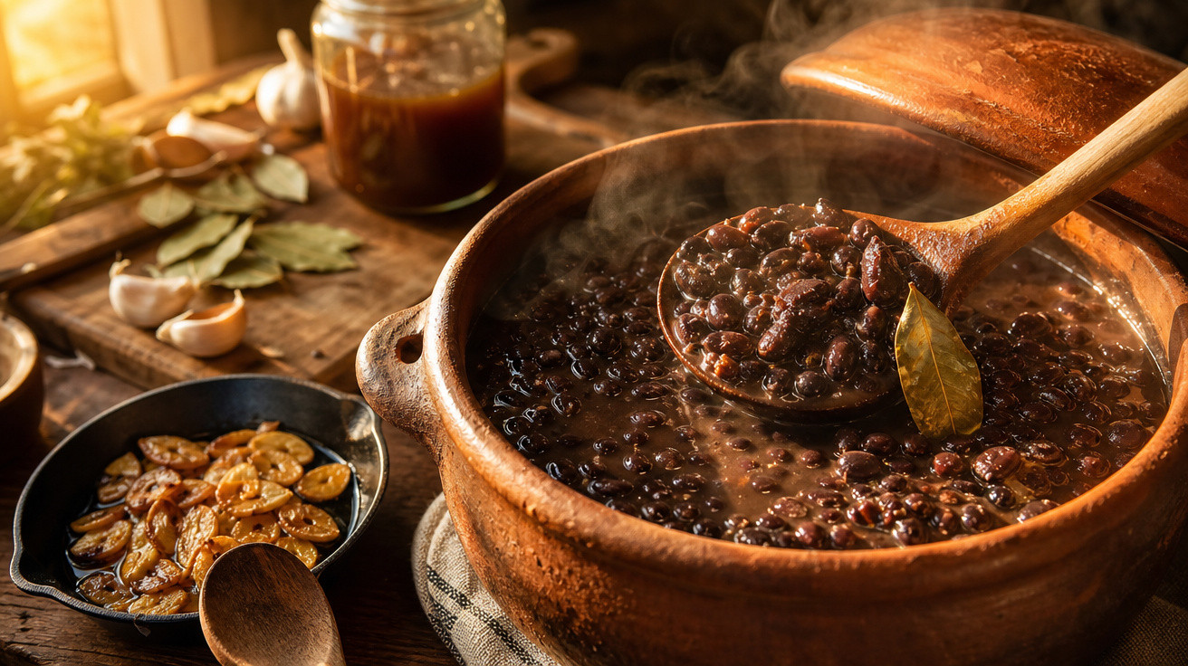 Panela de barro com feijão preto quente e apoios de alho, louro e farinha em mesa de madeira rústica.