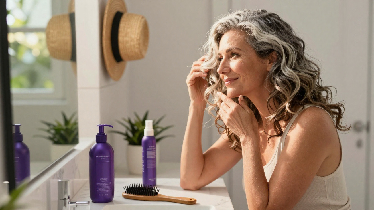 Mulher sorrindo olhando no espelho enquanto ajeita o cabelo grisalho em banheiro iluminado.