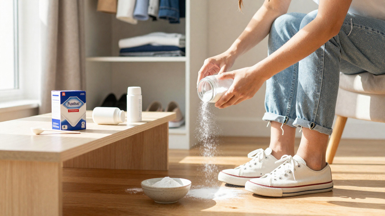 Pessoa despejando pó branco em um recipiente no chão, ao lado de embalagem de produto de limpeza.