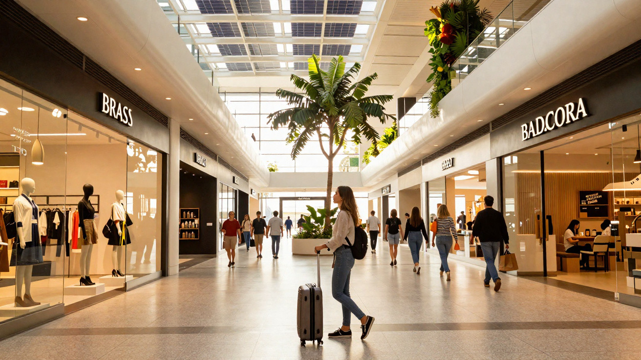 Shopping com pessoas caminhando, lojas de roupas e tetos com painéis solares, planta no centro.