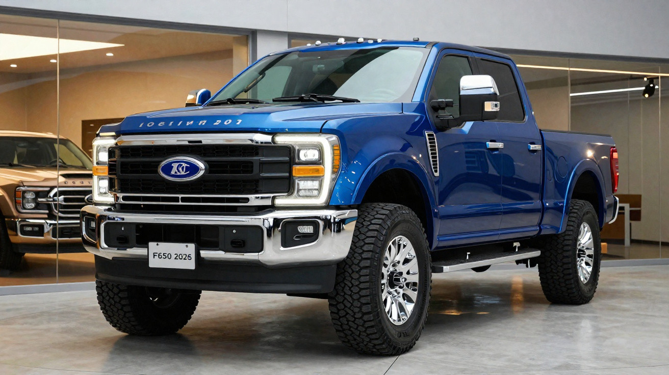 Picape Ford F-650 2026 azul brilhante exibida em showroom com piso de concreto polished.
