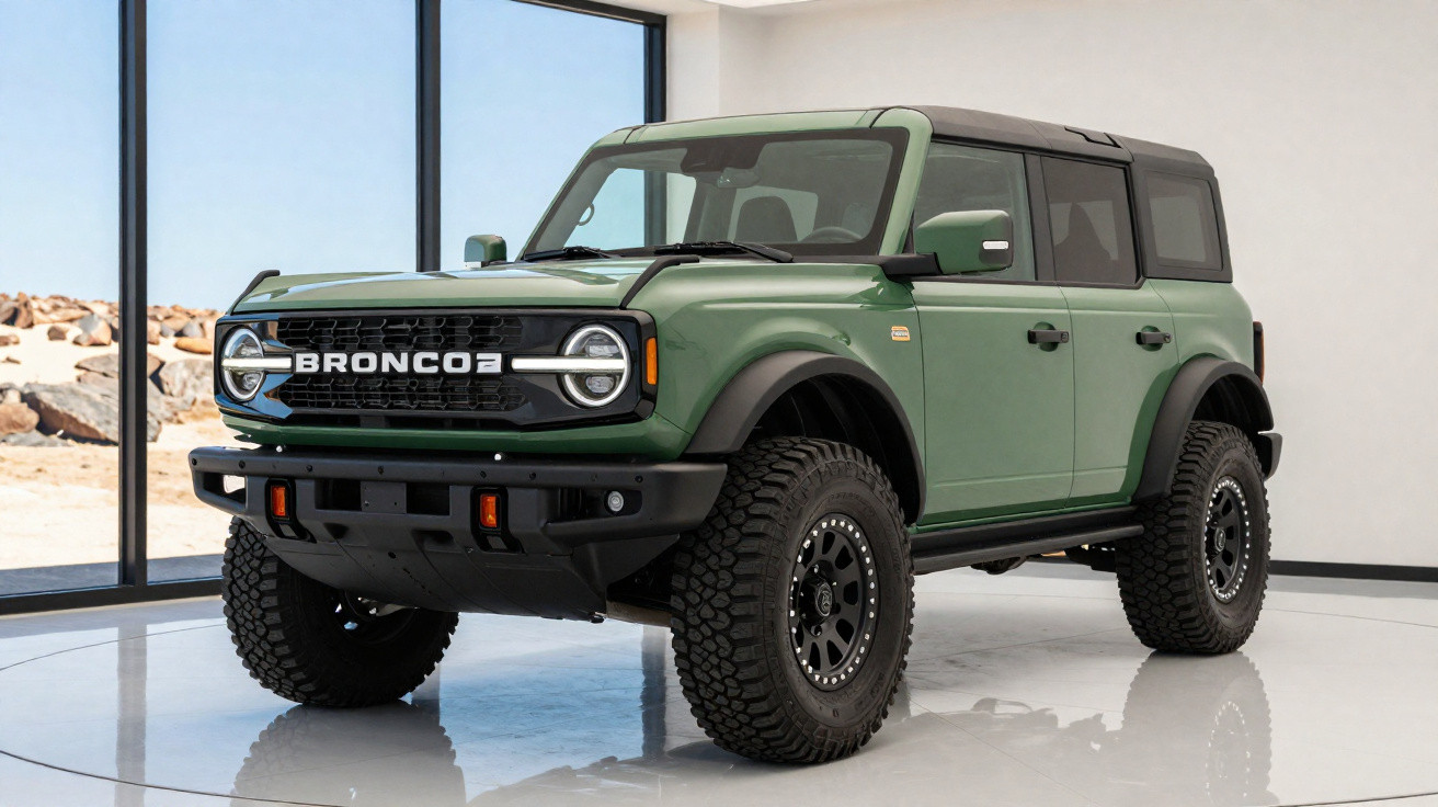 SUV Ford Bronco verde militar com teto preto estacionado em ambiente fechado com grandes janelas.