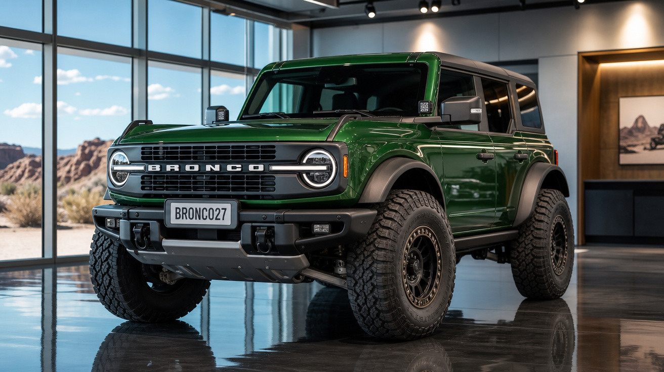 SUV Ford Bronco verde estacionado em showroom com pneus grandes e ambiente moderno.