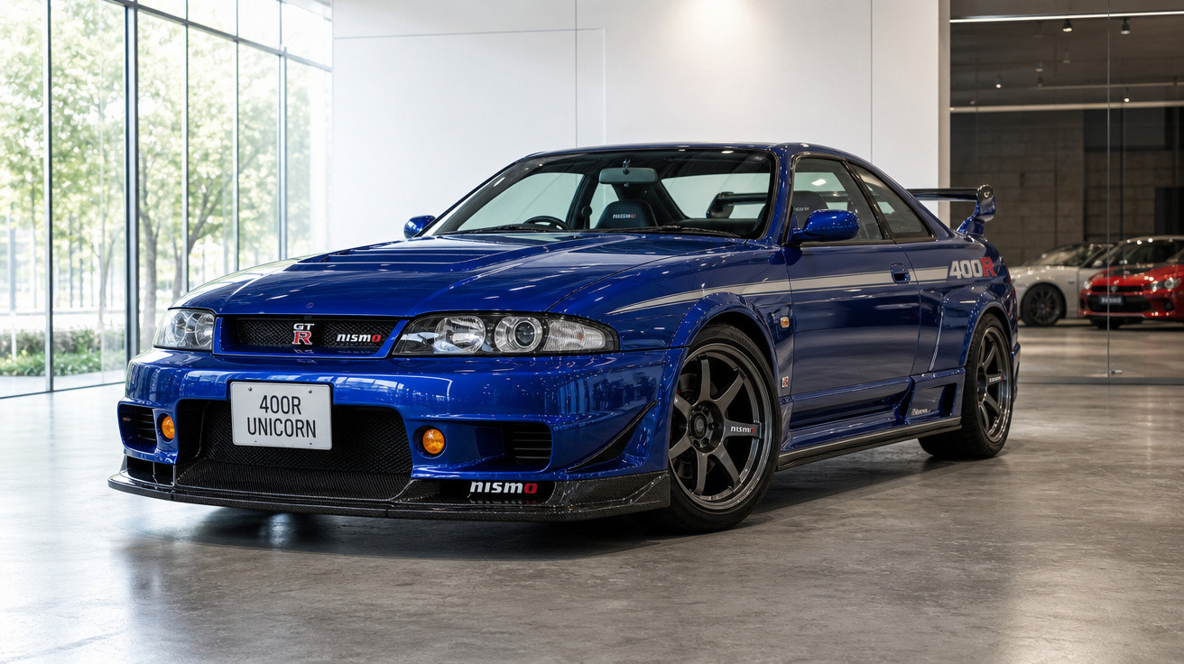 Carro esportivo Nissan GT-R Nismo 400R azul estacionado em ambiente interno moderno.