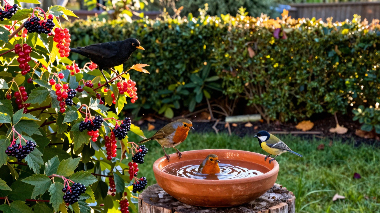 Três pássaros próximos a um bebedouro de barro e um arbusto com frutas vermelhas em jardim ensolarado.