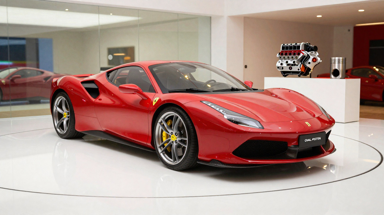 Carro esportivo vermelho Ferrari em exposição interna com motor exposto ao fundo.