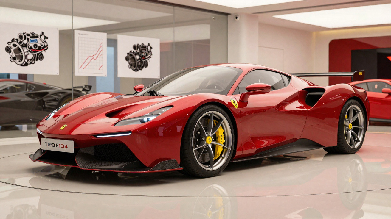Carro esportivo Ferrari vermelho modelo Tipo F134 em showroom moderno com gráficos técnicos na parede.