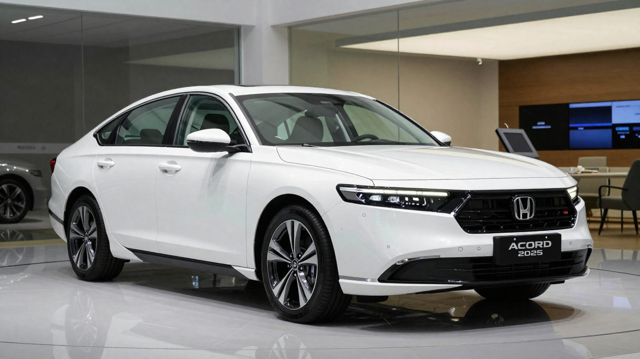 Carro branco Honda Accord 2025 exibido em salão moderno com piso branco e paredes claras.