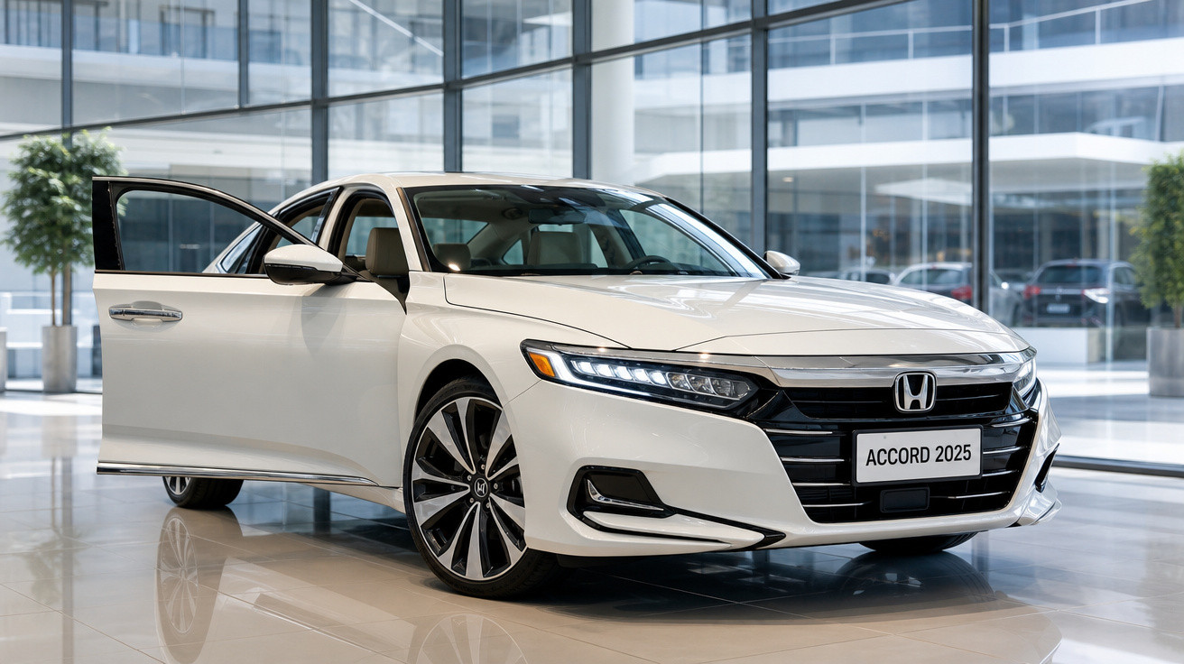 Carro branco Honda Accord 2025 em showroom com porta dianteira esquerda aberta e vidro panorâmico ao fundo.