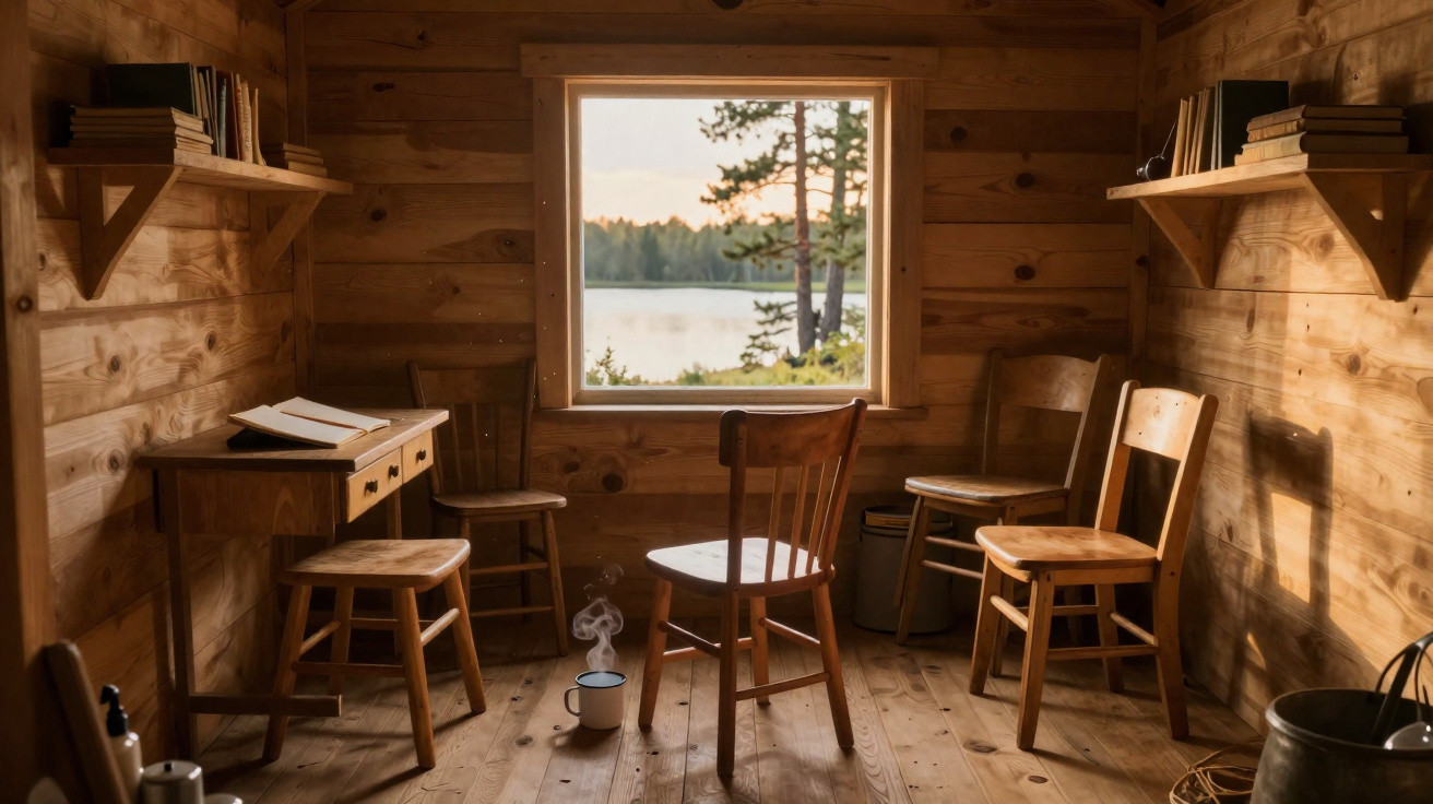 Interior rústico de madeira com quatro cadeiras, mesa, livros e janela com vista para lago ao pôr do sol.