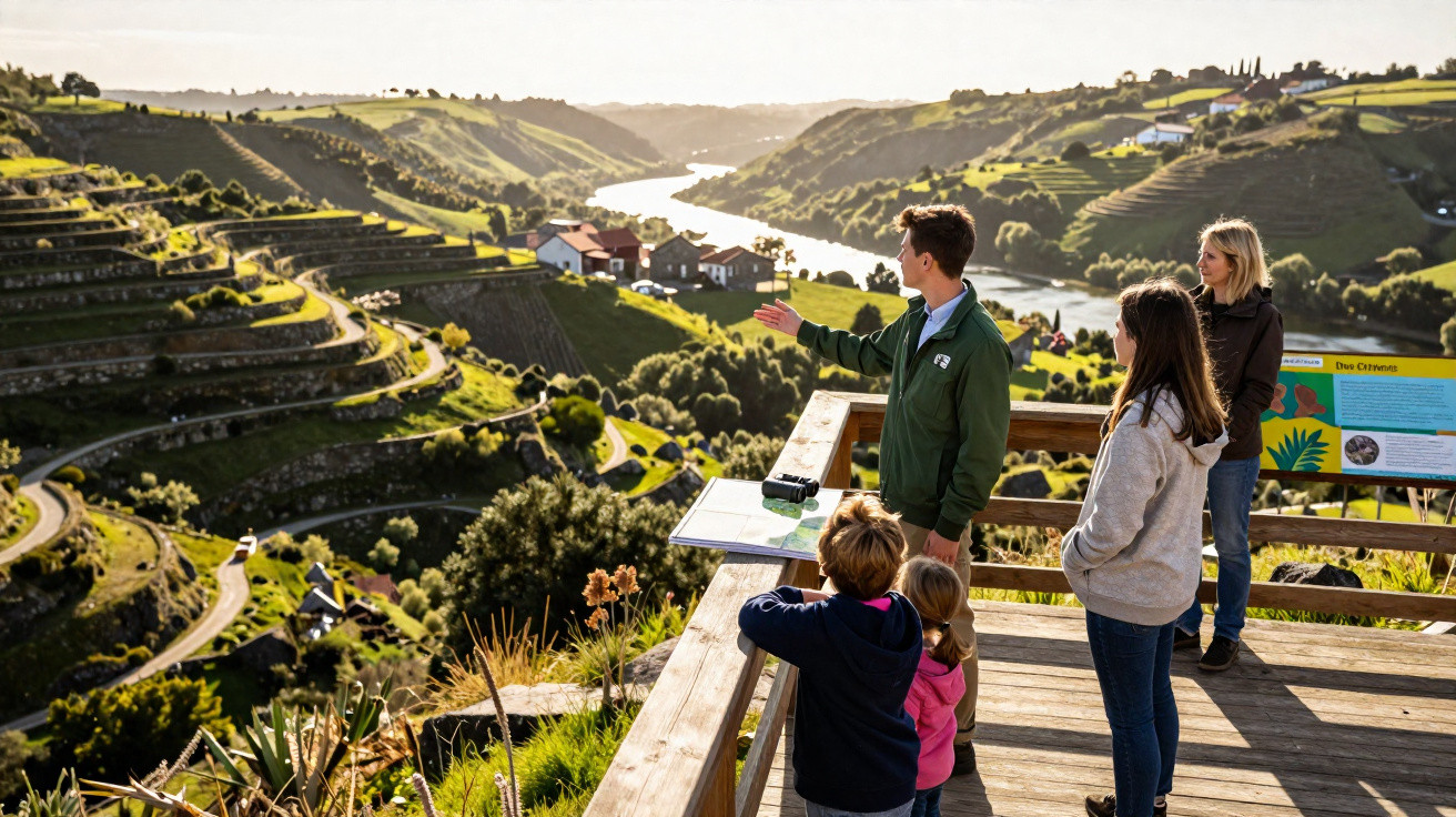 Turistas observam vinhedos em terraços e rio ao longe em plataforma de madeira sob luz do sol.