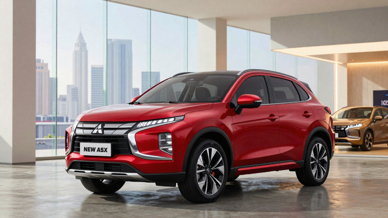 SUV Mitsubishi ASX vermelho estacionado em showroom moderno com fundo urbano visível pelas janelas.