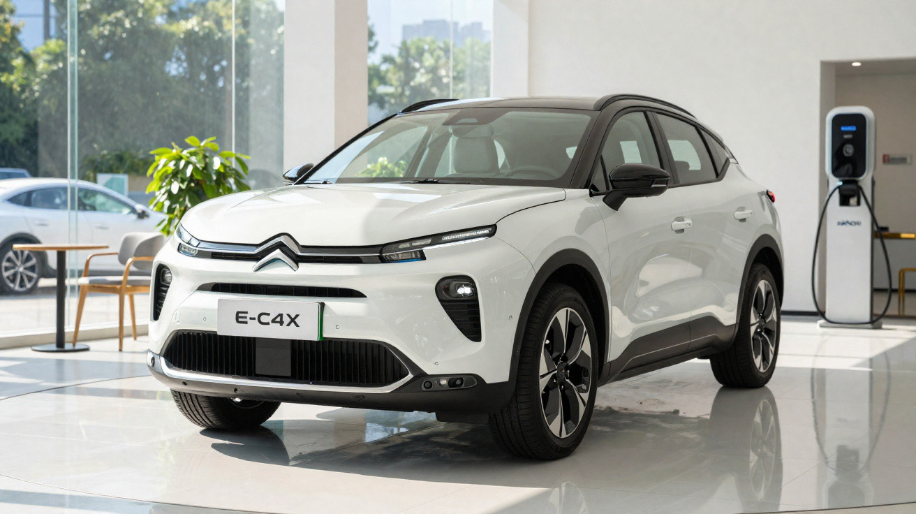 Carro elétrico branco Citroën E-C4X em showroom moderno com tomada de recarga ao fundo.