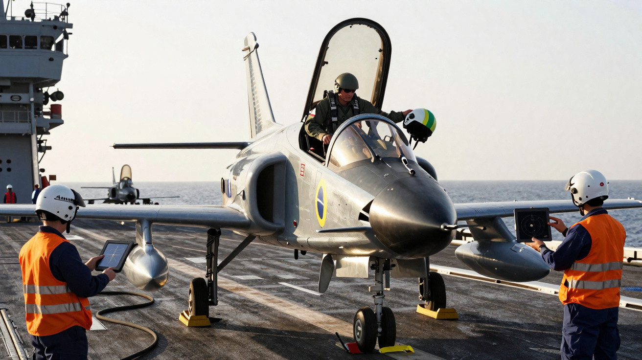 Caças militares com piloto e tripulação em convés de porta-aviões durante operação naval.
