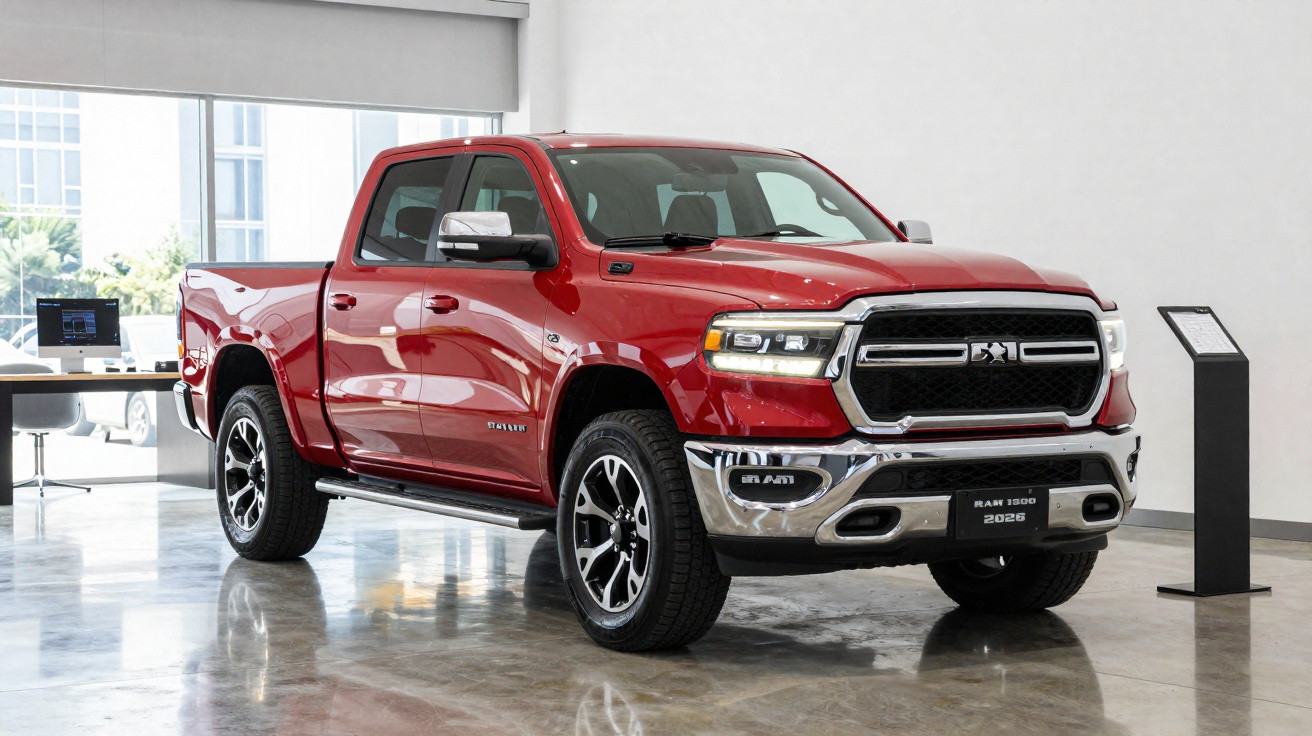 Picape vermelha Ram 1500 2026 exibida em showroom moderno com piso refletivo.