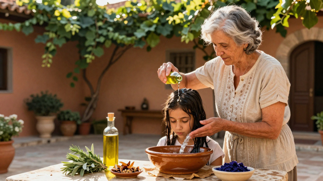 Idosa aplicando óleo no cabelo molhado de menina ao ar livre em mesa com ervas e flores.