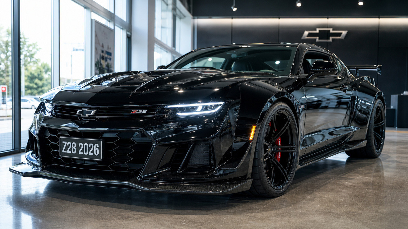 Carro esportivo preto Chevrolet Camaro Z28 2026 em showroom moderno com iluminação natural.