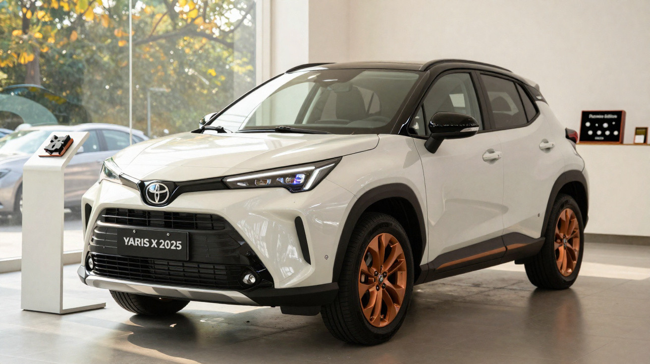Carro Toyota Yaris X 2025 branco com teto preto e rodas cobre em exposição interna.