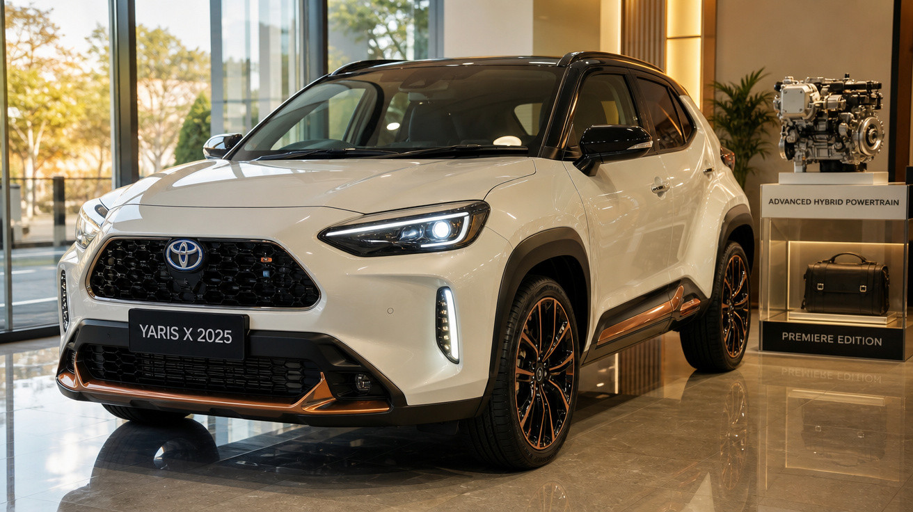 SUV Toyota Yaris X 2025 branco em exposição interna com motor híbrido avançado ao lado.