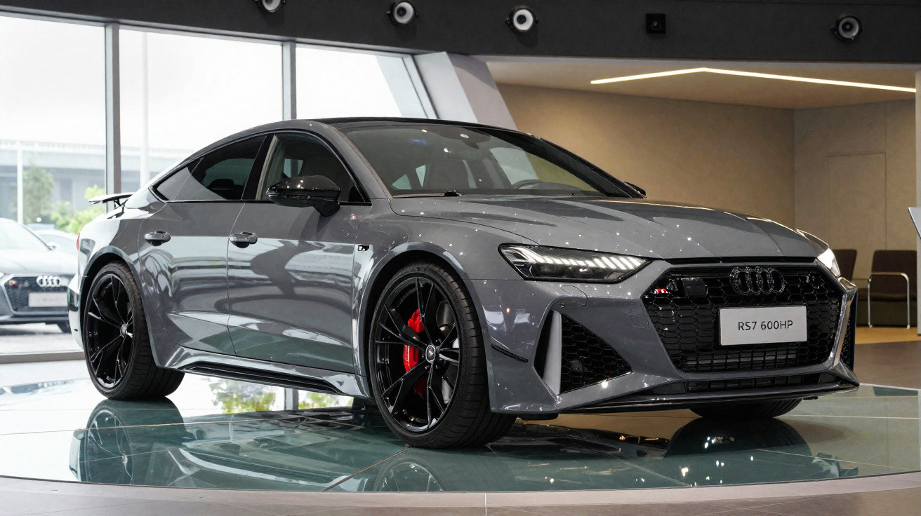 Carro esportivo Audi RS7 cinza com rodas pretas e freios vermelhos em exposição interna elegante.