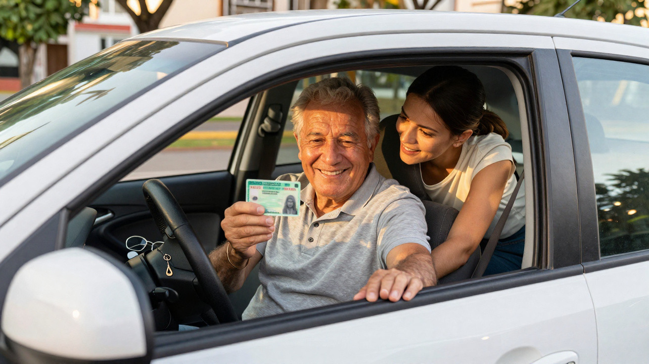Homem idoso sorridente mostrando carteira de habilitação dentro de carro com mulher ao lado.