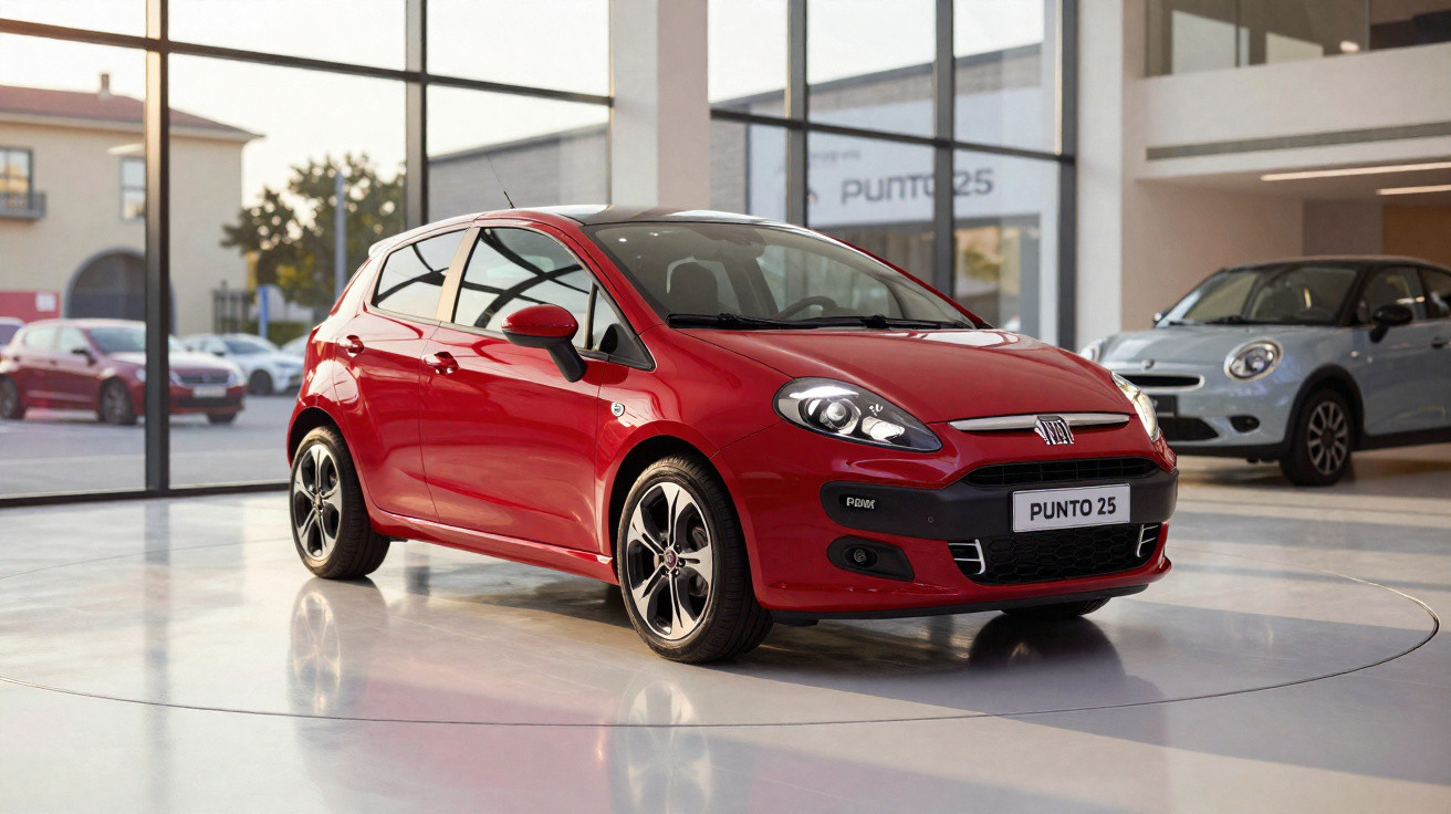 Carro hatch vermelho Fiat Punto 25 exibido em showroom com piso claro e grandes janelas.